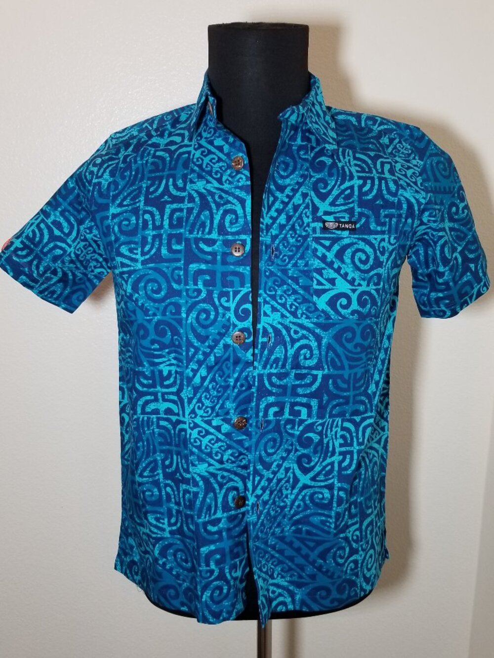 Tanoa Boys 14 Blue Samoa Polynesian Tribal Button Up Short Sleeve Shirt Island